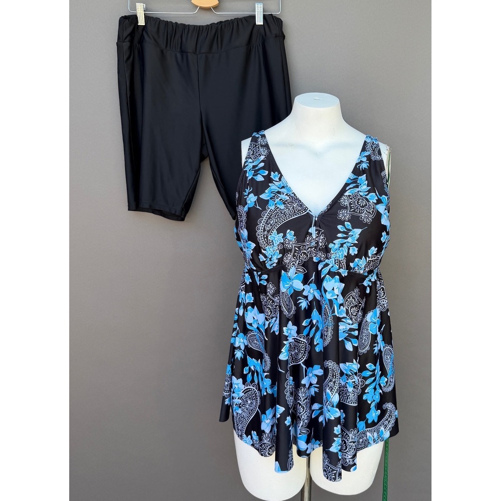 Floral Paisley Tankini Swimsuit Set 18W Black Blue Modest Swim Dress Bike Shorts - Picture 13 of 13